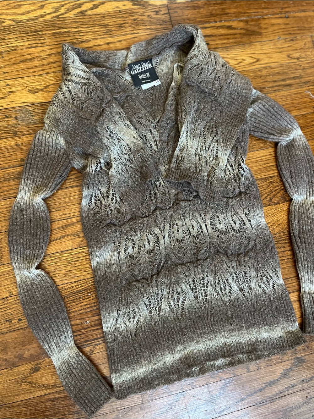 Jean Paul Gaultier Brown Openwork V-Neck Knit Sweater